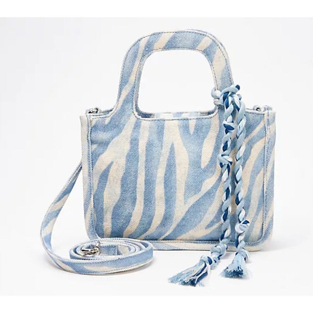 Vince Camuto Light Blue and Cream Zebra-Print Mini Tote